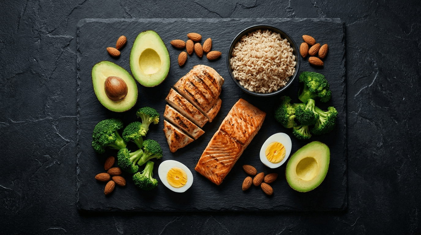 Healthy whole foods arranged on a dark surface